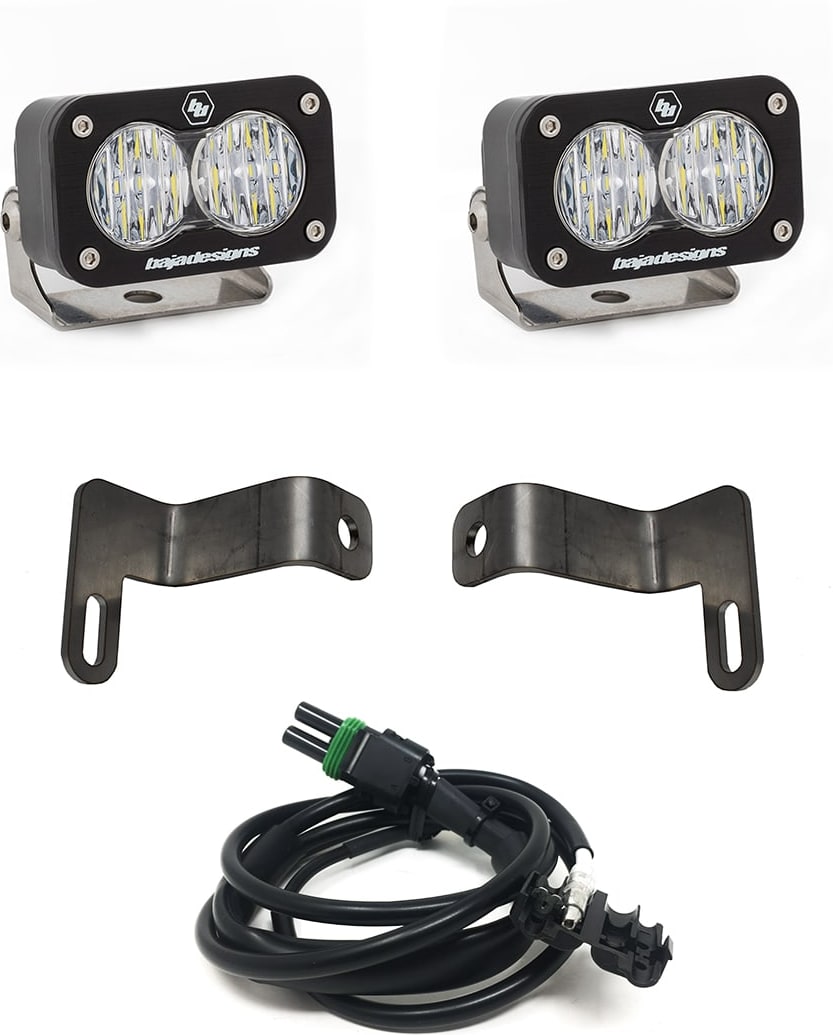Reverse Light Kits by Baja Designs: Pair of S2 Sport LED pods with two bent steel brackets and a connector cable on white.