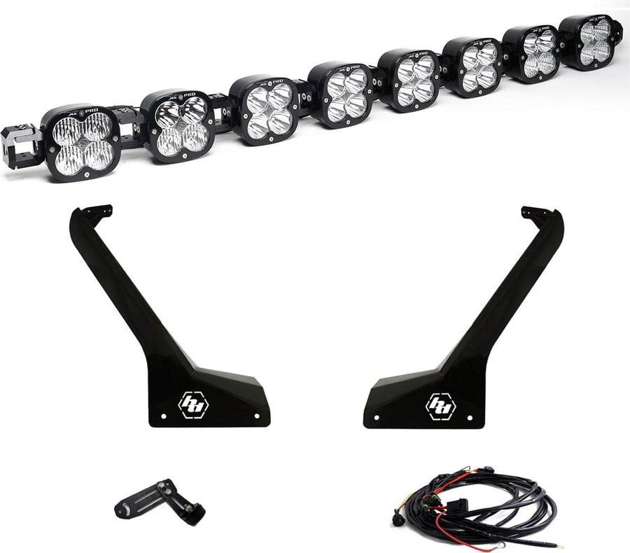 Roof Light Kits by Baja Designs: An eight-pod linkable LED roof bar with two black Jeep A-pillar brackets, a center mount and a wiring harness on white.