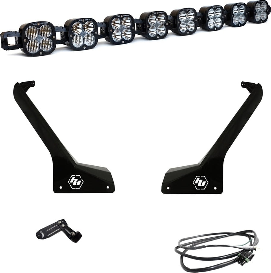 Roof Light Kits by Baja Designs: An eight-pod linkable LED roof bar with two black Jeep A-pillar brackets, a center mount and a wiring harness on white.