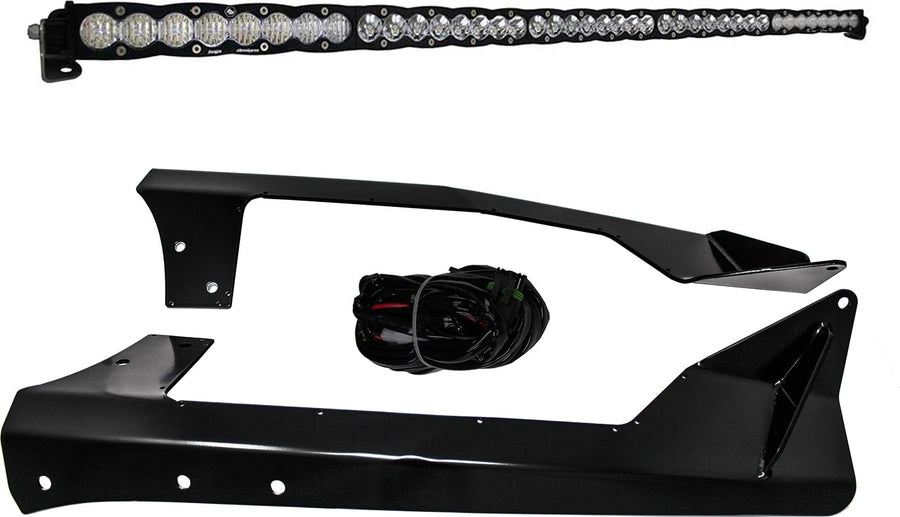 Roof Light Kits by Baja Designs: S8 50 inch light bar with two curved black roof brackets and a wiring harness on white.