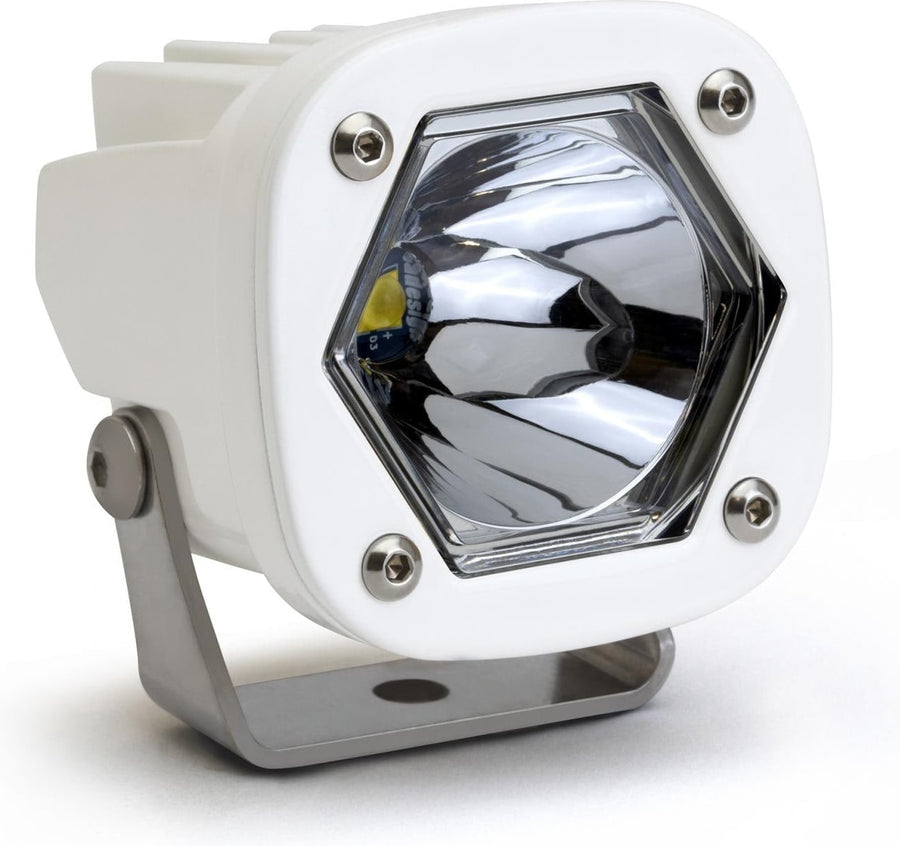 S1 Light Pods by Baja Designs: Single white S1 pod, clear spot reflector lens, steel bracket on a white background.