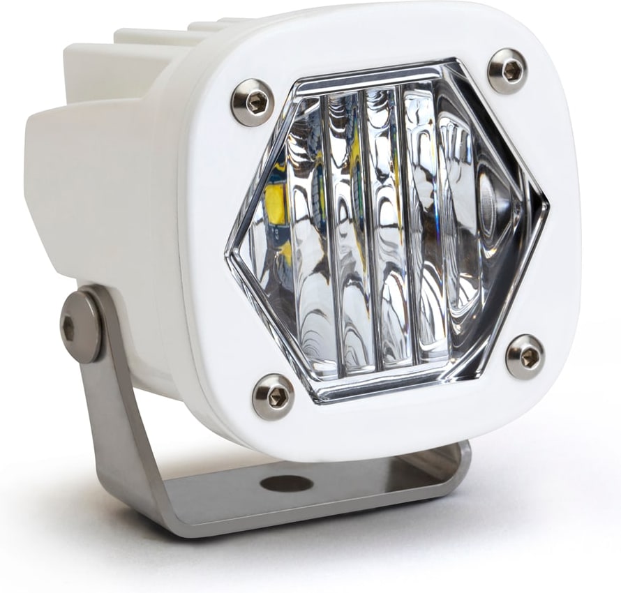 S1 Light Pods by Baja Designs: Single white S1 pod, clear wide cornering lens, steel bracket on a white background.