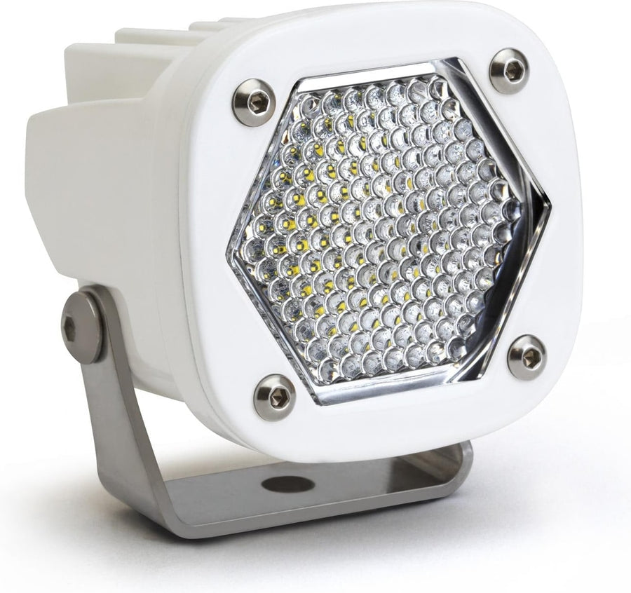 S1 Light Pods by Baja Designs: Single white S1 pod, clear work/scene dimpled lens, steel bracket on a white background.
