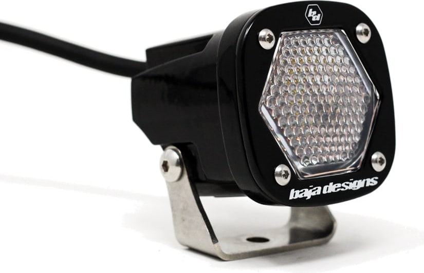S1 Light Pods by Baja Designs: Single black S1 pod, clear work/scene dimpled lens, steel bracket, cable on a white background.