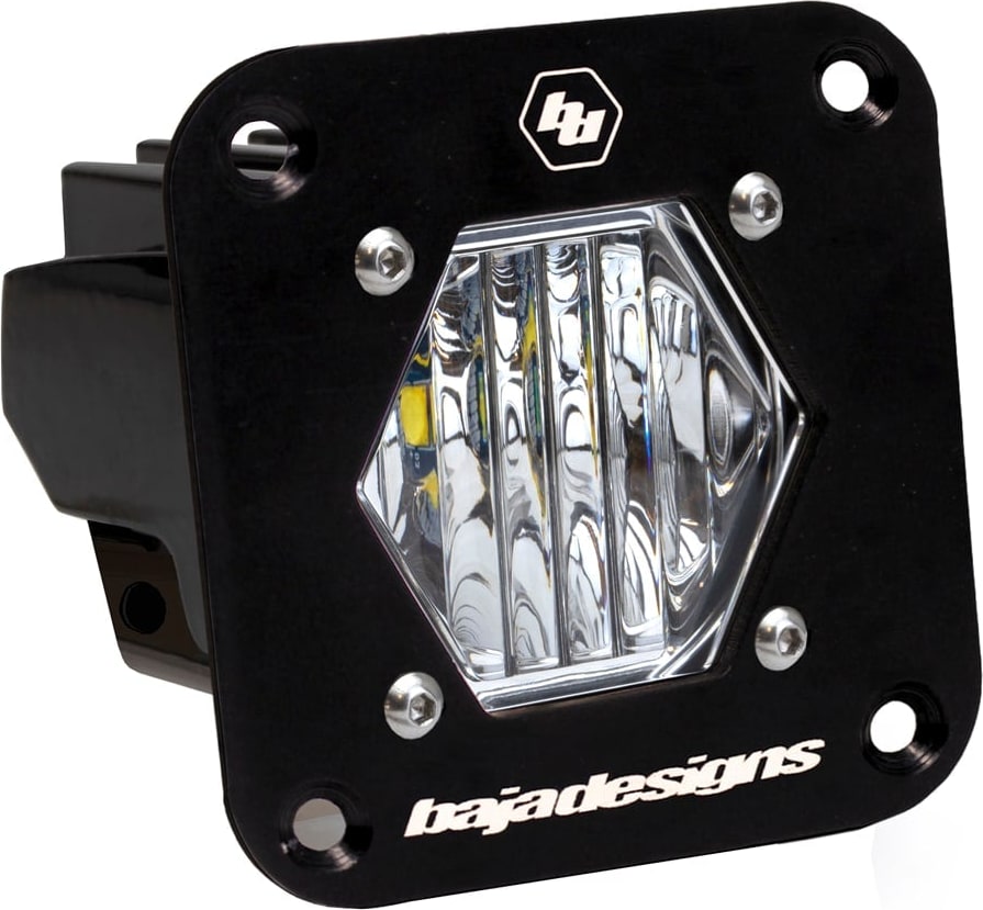 Mounts & Hardware by Baja Designs: Black S1 flush mount pod, clear wide cornering lens on a white background.