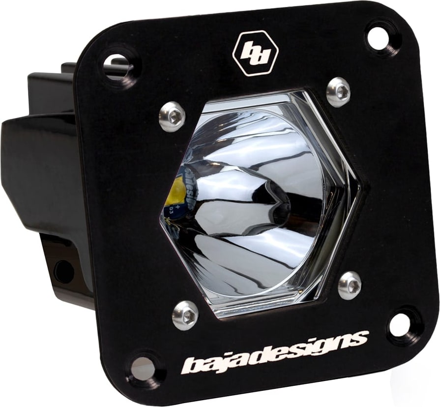 Mounts & Hardware by Baja Designs: Black S1 flush mount pod, clear spot reflector lens on a white background.