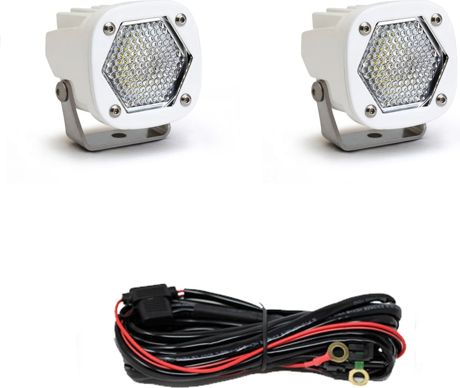 S1 Light Pods by Baja Designs: Pair of white S1 pods, clear work/scene lenses, with harness on a white background.