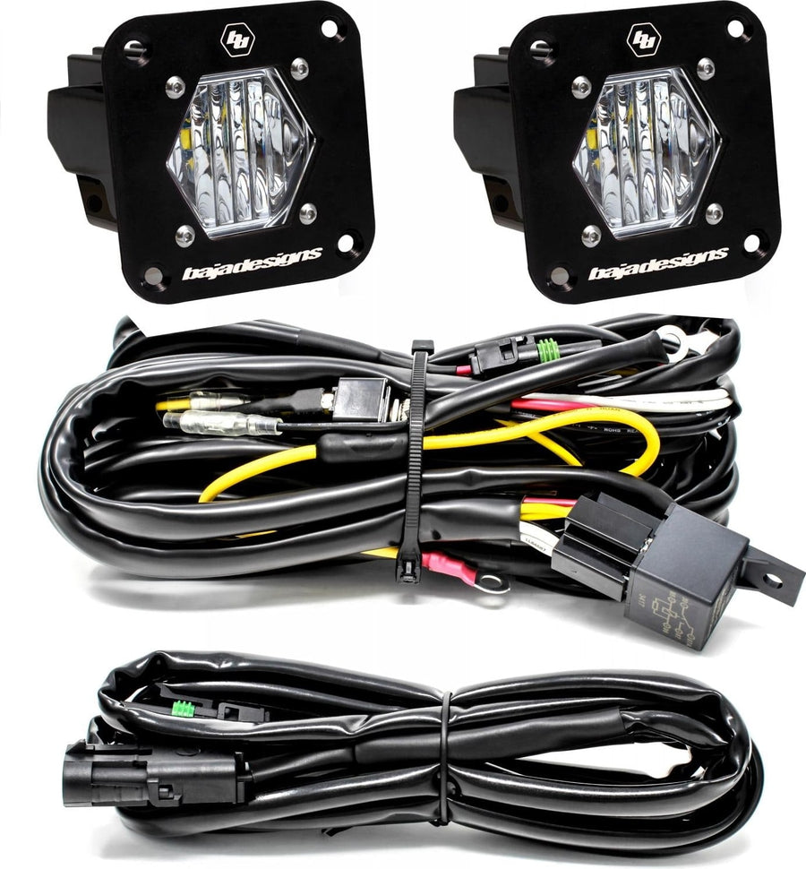 Mounts & Hardware by Baja Designs: Two black S1 flush mount pods, clear wide cornering lenses, with relay harness and extension harness on a white background.