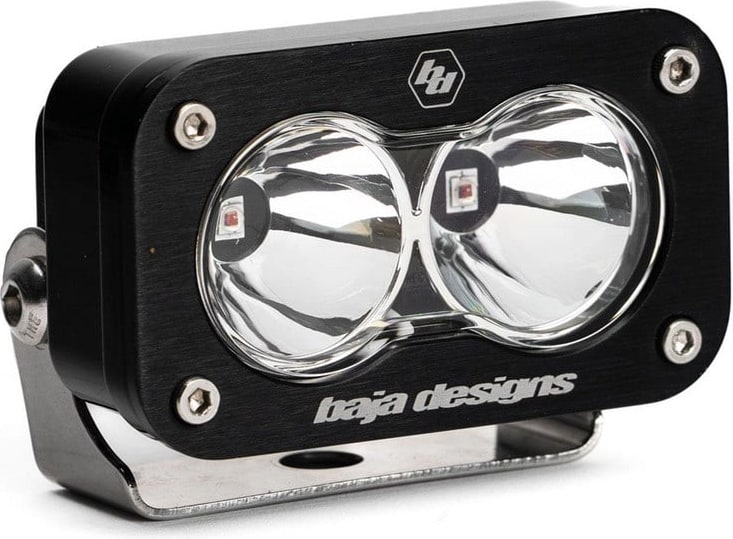 S2 Light Pods by Baja Designs: A single black S2 LED pod with a clear spot lens showing red LED emitters, on a stainless bracket.