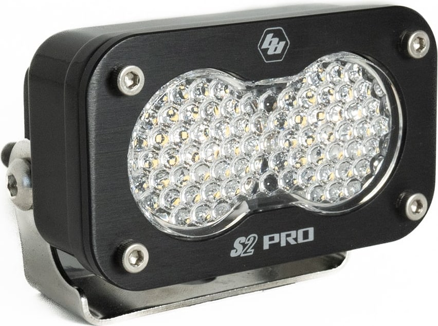 S2 Light Pods by Baja Designs: A black S2 Pro LED pod with a clear dimpled work scene lens on a stainless bracket.
