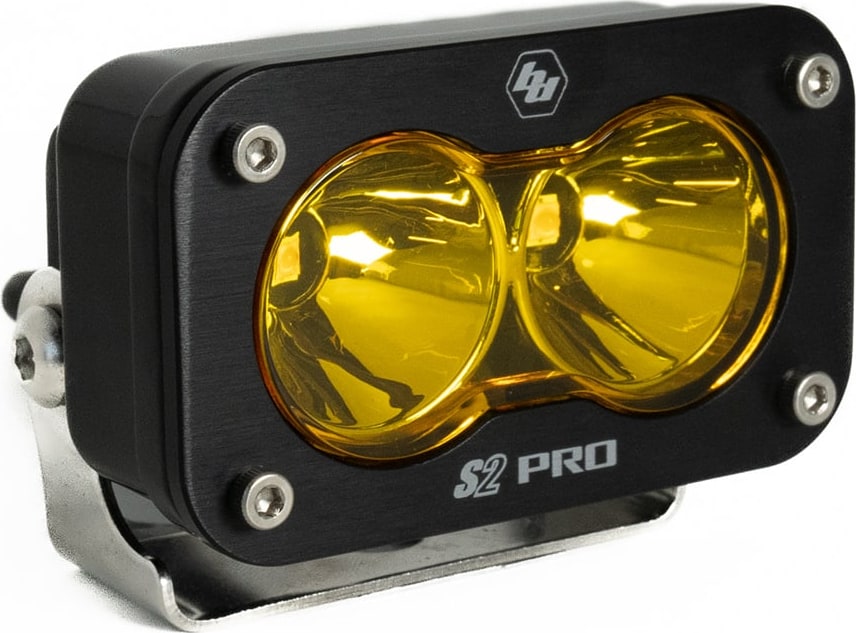 S2 Light Pods by Baja Designs: A black S2 Pro LED pod with an amber spot lens on a stainless bracket.