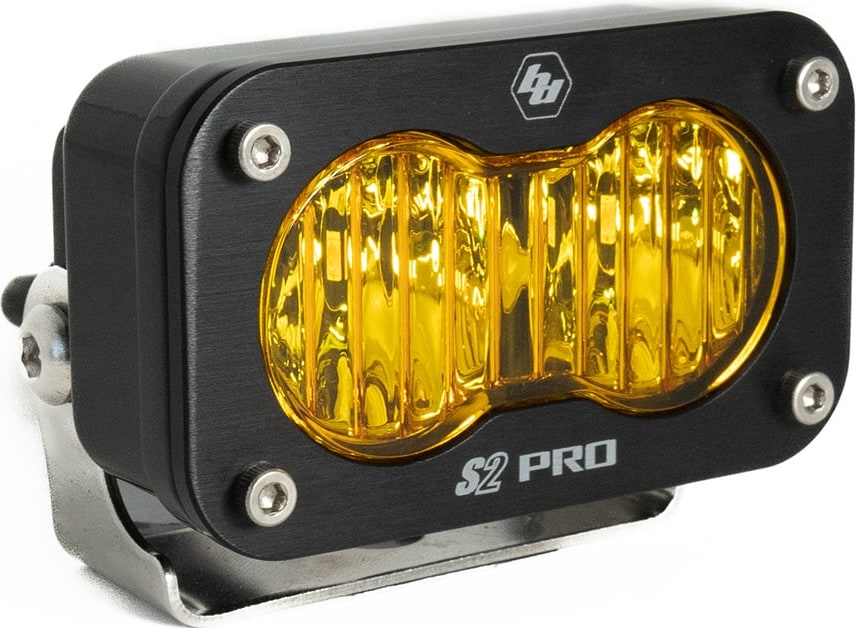 S2 Light Pods by Baja Designs: A black S2 Pro LED pod with an amber fluted wide cornering lens on a stainless bracket.