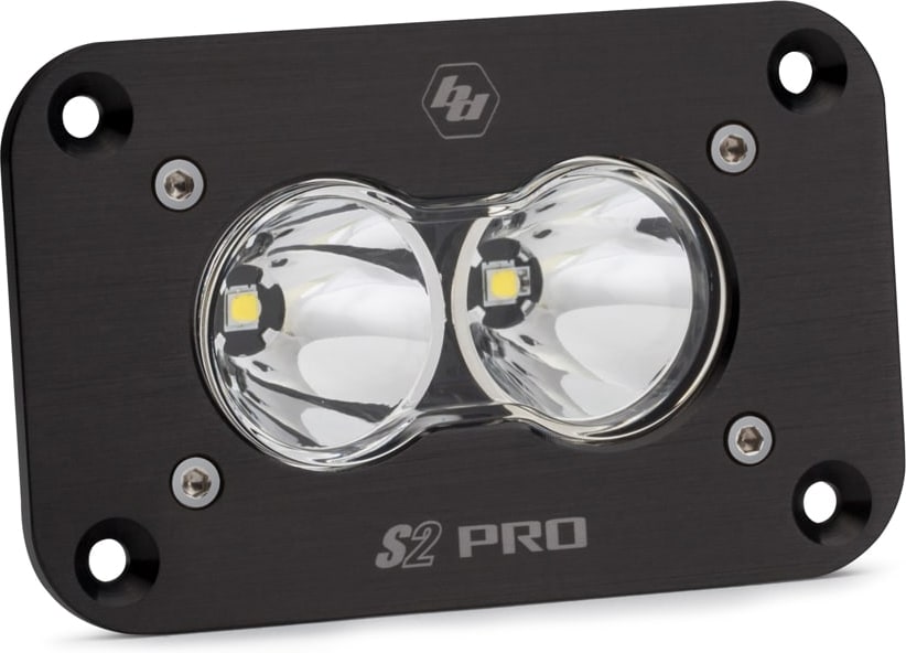 Mounts & Hardware by Baja Designs: A black S2 Pro flush mount LED pod with a clear spot lens and a flat mounting flange.