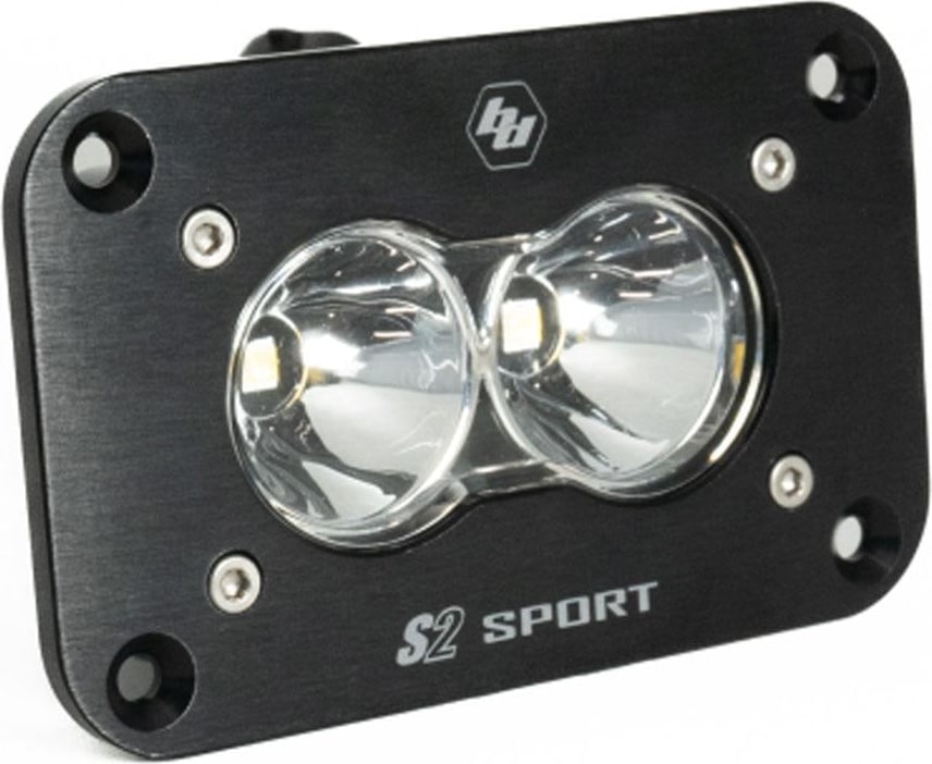 Mounts & Hardware by Baja Designs: Black flush mount S2 Sport light pod with clear spot reflectors on a white background.