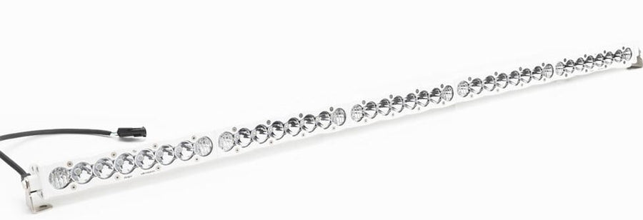 LED Light Bars by Baja Designs: Very long white housing S8 LED light bar with clear lenses and a pigtail connector on a white background.