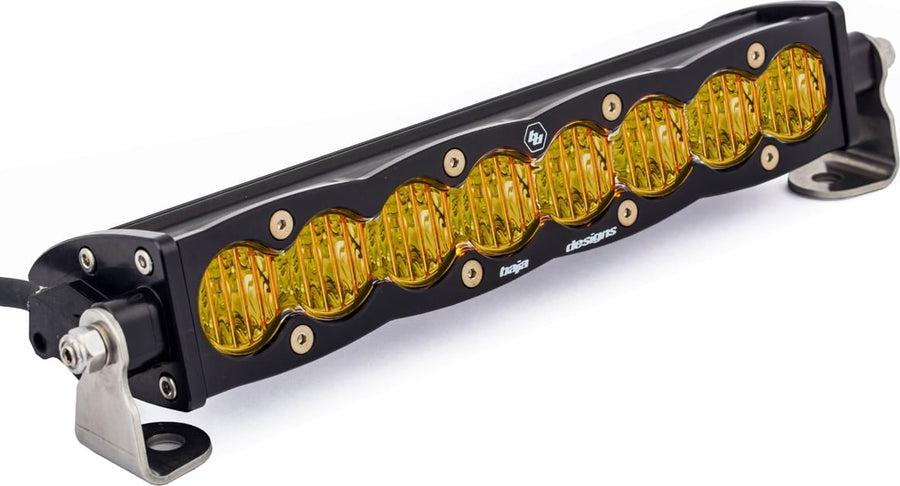 LED Light Bars by Baja Designs: Angled view of a 10 inch black S8 LED light bar with amber wide cornering lenses and mounting feet.