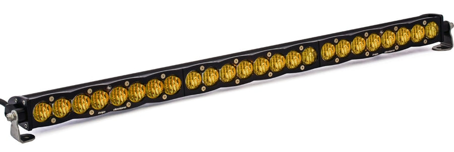 LED Light Bars by Baja Designs: A black Baja Designs S8 straight LED light bar with amber wide driving optics and stainless end mounting brackets on a white background.