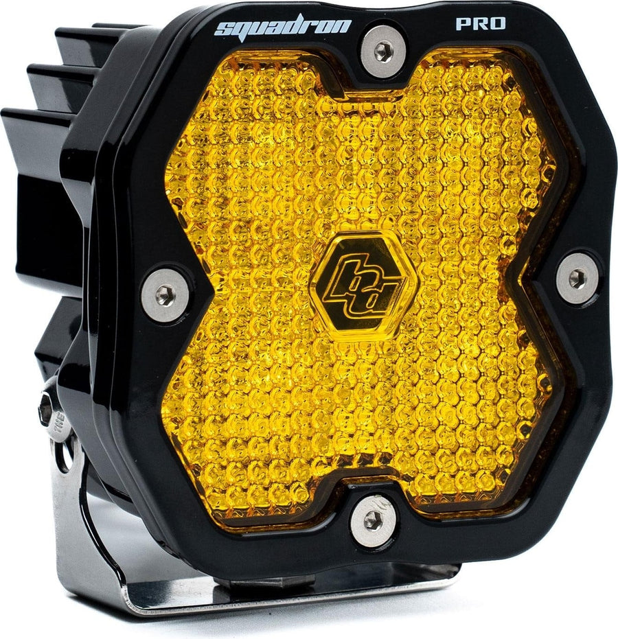 Squadron Light Pods by Baja Designs: A black Baja Designs Squadron Pro LED pod with an amber work/scene lens on a white background.