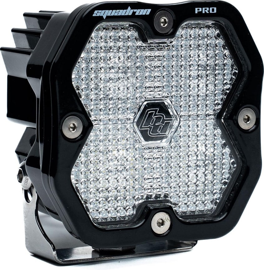 Squadron Light Pods by Baja Designs: A black Baja Designs Squadron Pro LED pod with a clear work/scene lens on a white background.
