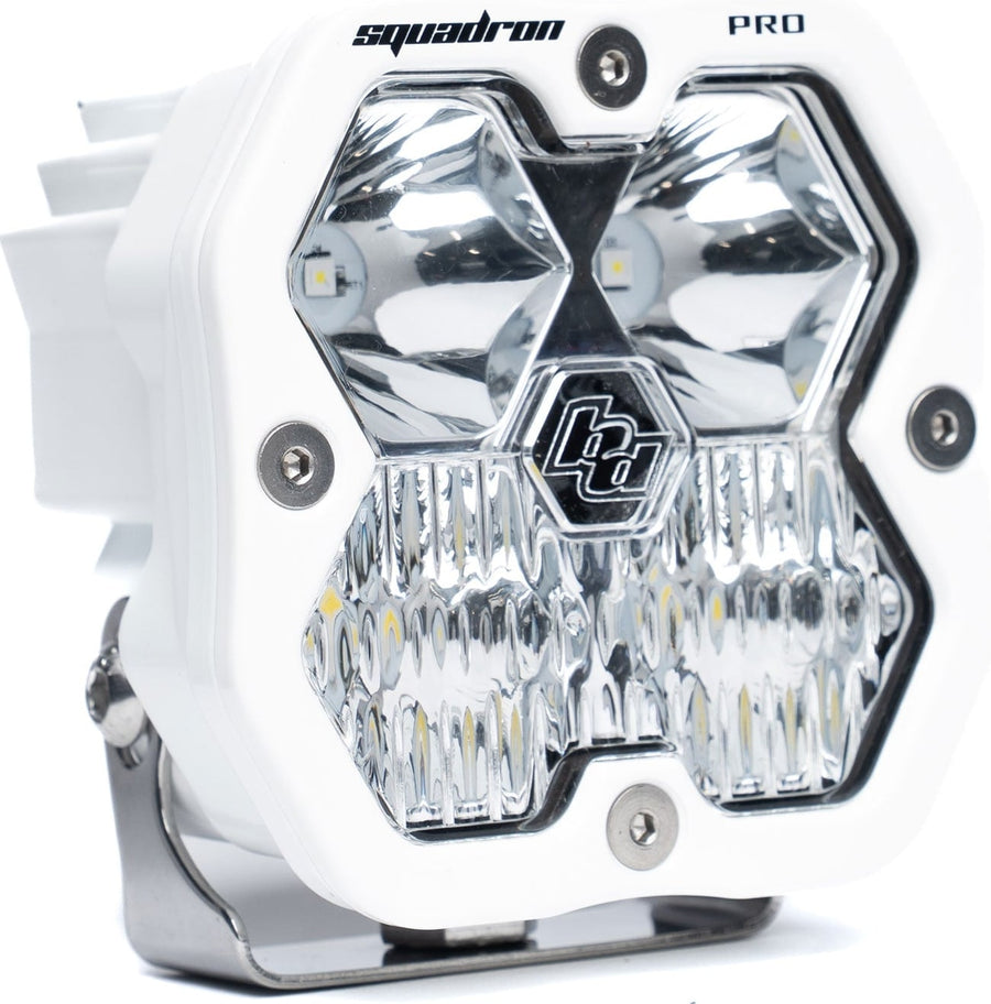 Squadron Light Pods by Baja Designs: A white Baja Designs Squadron Pro LED pod with a clear driving/combo lens on a white background.