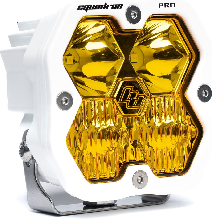 Squadron Light Pods by Baja Designs: A white Baja Designs Squadron Pro LED pod with an amber driving/combo lens on a white background.