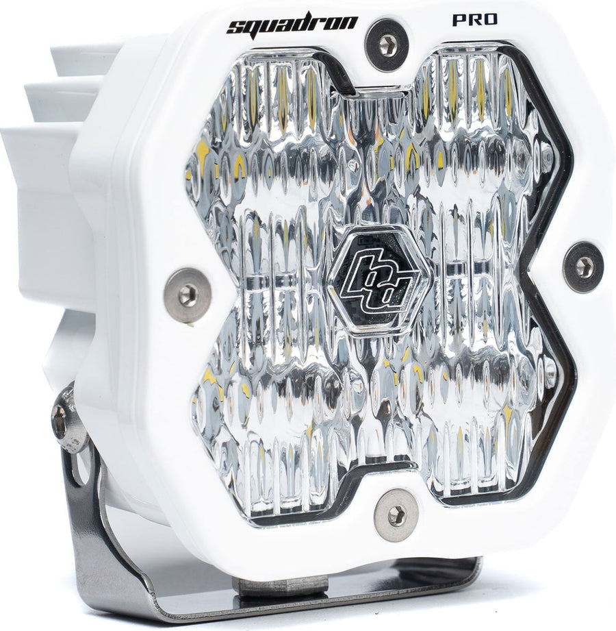 Squadron Light Pods by Baja Designs: A white Baja Designs Squadron Pro LED pod with a clear wide cornering lens on a white background.