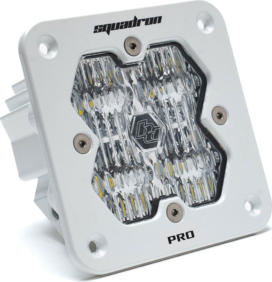 Mounts & Hardware by Baja Designs: A white Baja Designs Squadron Pro flush mount LED pod with a clear wide cornering lens on a white background.
