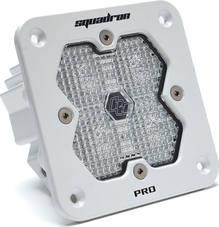 Mounts & Hardware by Baja Designs: Single white flush mount Squadron Pro pod with clear diffused work scene lens, shown at an angle on white.