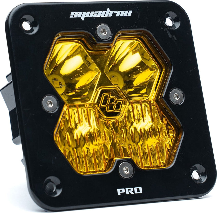 Mounts & Hardware by Baja Designs: Single black flush mount Squadron Pro pod with amber driving combo lens on white.