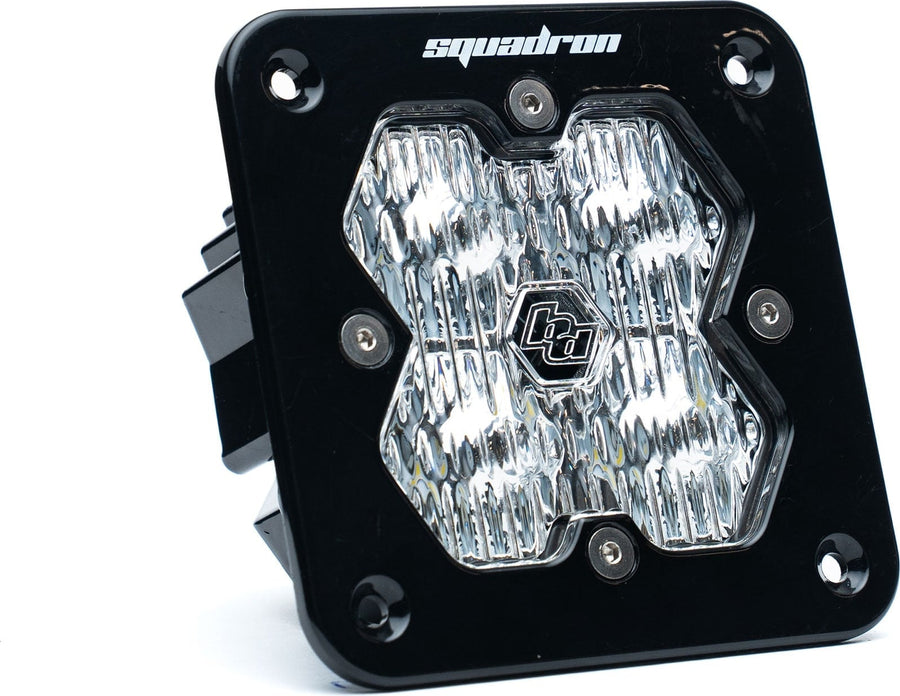 Mounts & Hardware by Baja Designs: Single black flush mount Squadron Sport pod with clear fluted wide cornering lens on white.