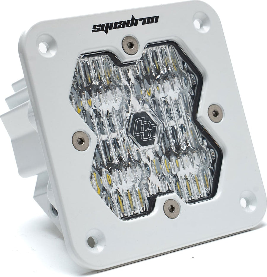 Mounts & Hardware by Baja Designs: Single white flush mount Squadron Sport pod with clear fluted wide cornering lens on white.