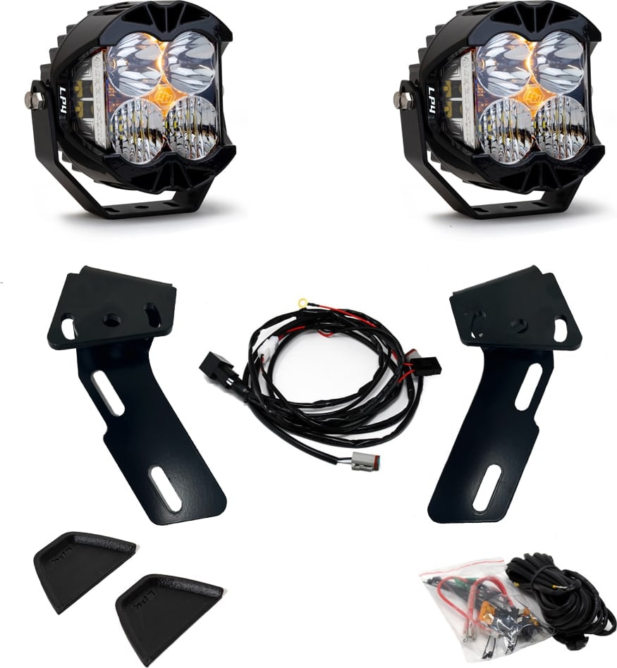 A-Pillar Light Kits by Baja Designs: Two LP4 LED pods with black A-pillar brackets, trim covers, a wiring harness and a hardware bag on a white background.
