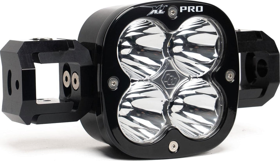 LED Light Bars by Baja Designs: A single black XL Pro light pod with linking blocks on both sides and clear lenses, angled on a white background.