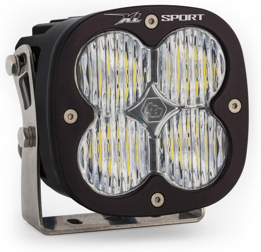 XL Light Pods by Baja Designs: A single black square Baja Designs XL Sport LED light pod with a clear work/scene lens on a steel mounting bracket, shown on white.