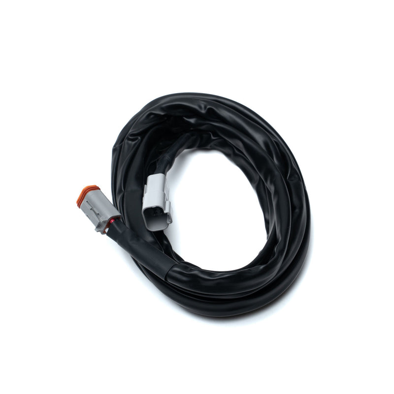 Baja Designs Squadron 2.0 4-pin Deutsch 10' Extension Harness, whole product on a studio background: A coiled black extension harness with gray Deutsch connectors at each end on white