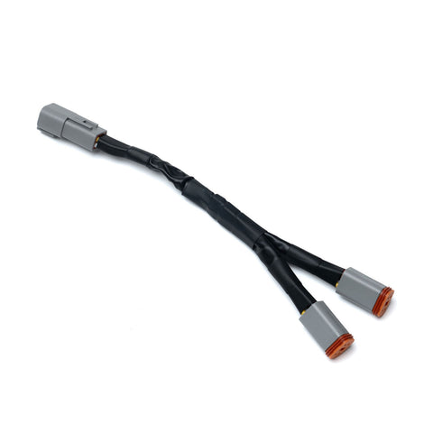 Baja Designs Squadron 2.0 4-pin Deutsch 2-Light Small Splitter, whole product on a studio background: A short Y splitter harness with one Deutsch input and two Deutsch outputs on white