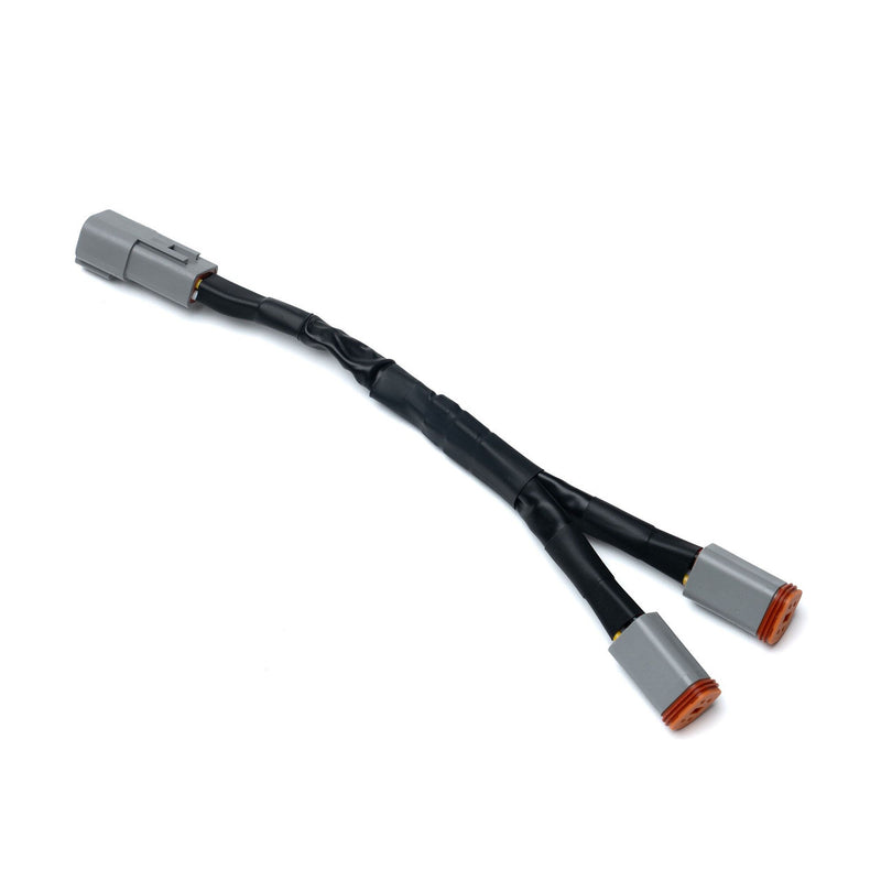 Baja Designs Squadron 2.0 4-pin Deutsch 2-Light Small Splitter, whole product on a studio background: A short Y splitter harness with one Deutsch input and two Deutsch outputs on white