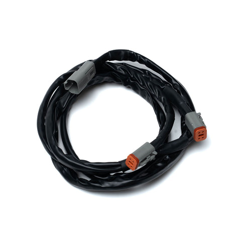 Baja Designs Squadron 2.0 Deutsch 4-pin 55" Splitter Harness, whole product on a studio background: A coiled black harness with gray Deutsch connectors on white
