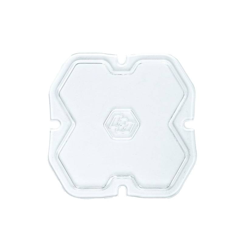 Baja Designs Squadron 2.0 Light Pod Lens Kit, complete kit on a studio background: single clear Squadron snap-on replacement lens with a smooth spot optic pattern on a white background