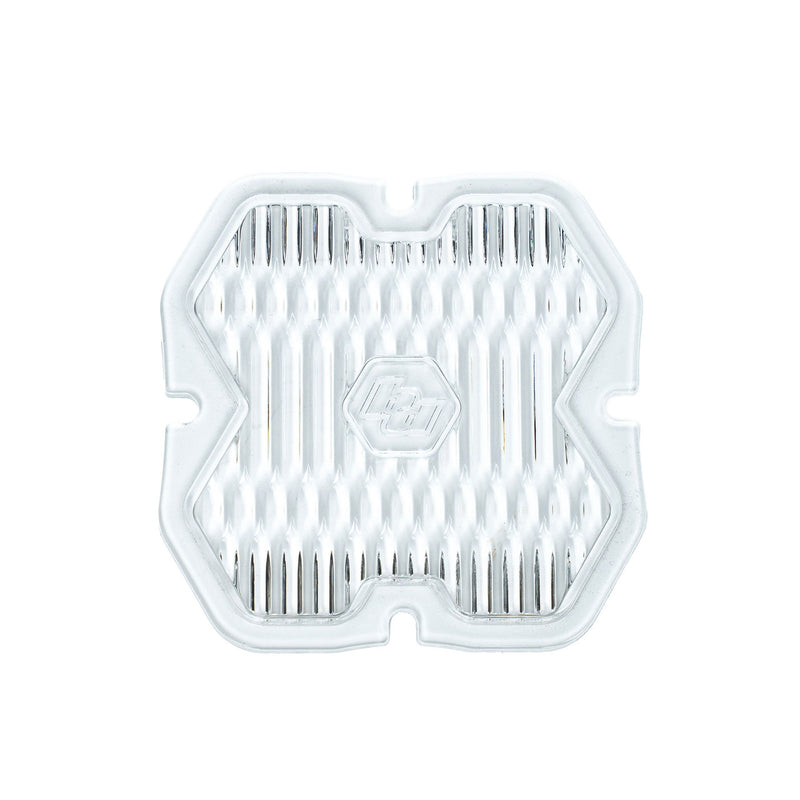 Baja Designs Squadron 2.0 Light Pod Lens Kit, complete kit on a studio background: single clear Squadron snap-on replacement lens with a wide cornering fluted optic pattern on a white background