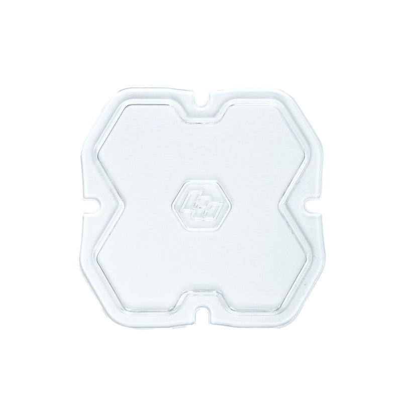 Baja Designs Squadron 2.0 Light Pod Lens Kit, complete kit on a studio background: single clear Squadron snap-on replacement lens with a smooth spot optic pattern on a white background