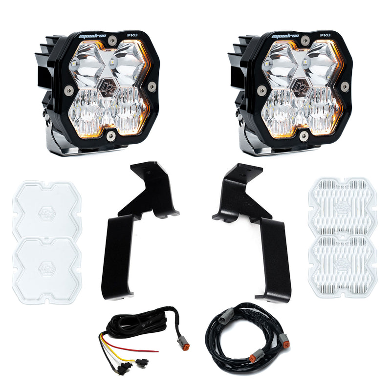 Baja Designs Squadron 2.0 Pro A-Pillar Light Kit, complete kit on a studio background: A pair of Squadron Pro pods