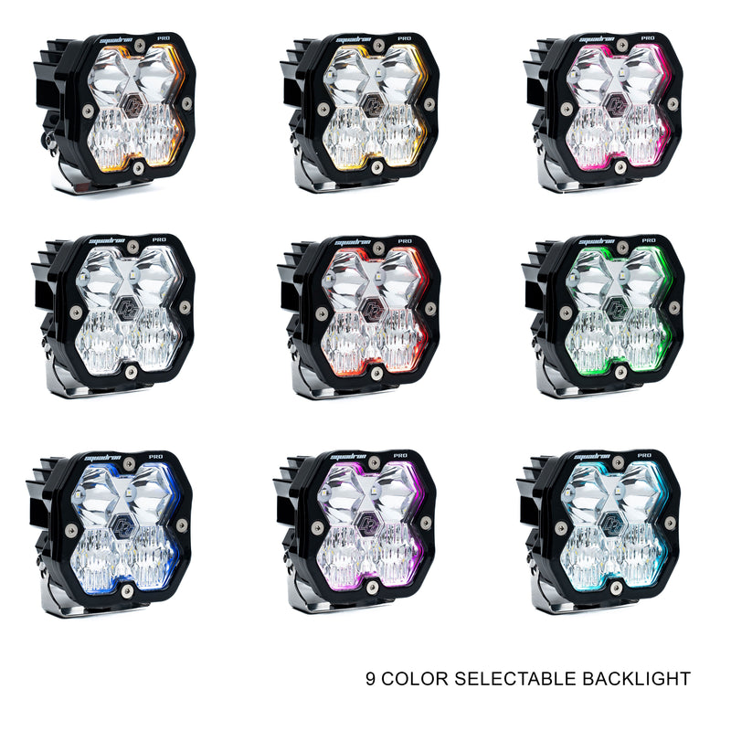 Baja Designs Squadron 2.0 Pro A-Pillar Light Kit: nine Squadron Pro pods in a grid, each glowing with a different backlight color around a clear lens