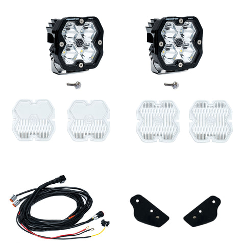 Baja Designs Squadron 2.0 Pro A-Pillar Light Kit, complete kit on a studio background: two Squadron Pro pods, mounting bolts, spare clear lens covers, a wiring harness