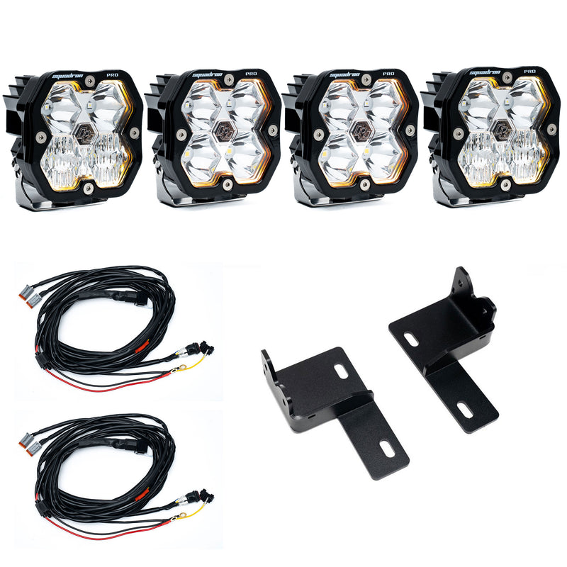 Baja Designs Squadron 2.0 Pro Behind-the-Grille Light Kit, complete kit on a studio background: four clear Squadron 2.0 Pro pods