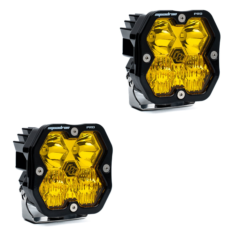 Baja Designs Squadron 2.0 Pro Black LED Auxiliary Light Pod Pair, whole product on a studio background: pair of black Squadron Pro pods with amber driving combo lenses, no harness, on white