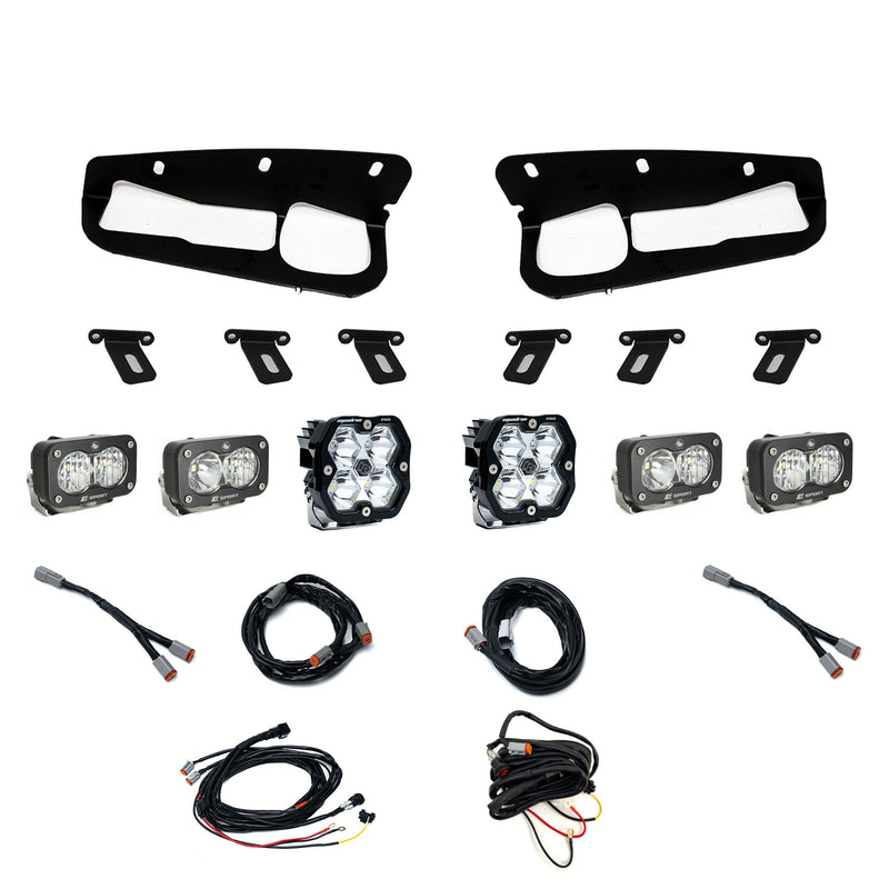Baja Designs Squadron 2.0 Pro/Dual S2 Sport Fog Pocket Light Kit, complete kit on a studio background: fog pocket light kit on white