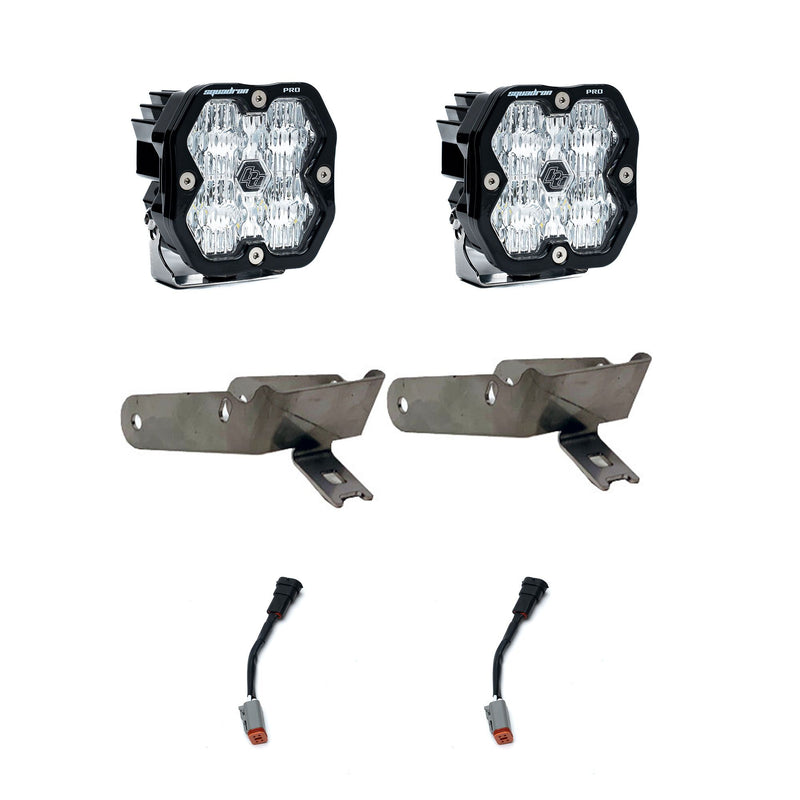 Baja Designs Squadron 2.0 Pro Fog Pocket LIght Kit, representative image: earlier Squadron Pro version of this fog pocket kit shown; this kit carries Squadron 2.0 Pro lights in the same brackets. Pair of square Squadron Pro pods with clear lenses