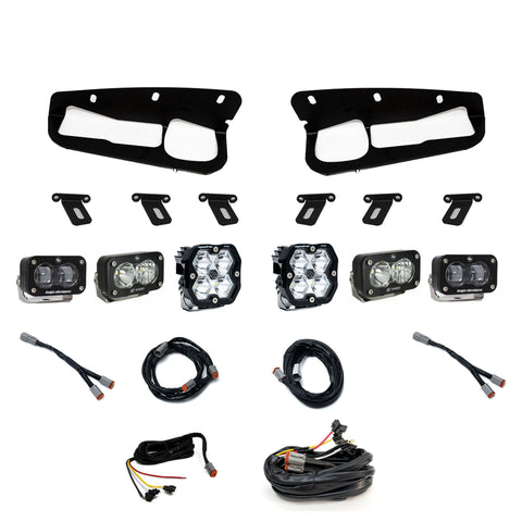 Baja Designs Squadron 2.0 Pro/S2 Pro/S2 SAE Pro Fog Pocket Light Kit, complete kit on a studio background