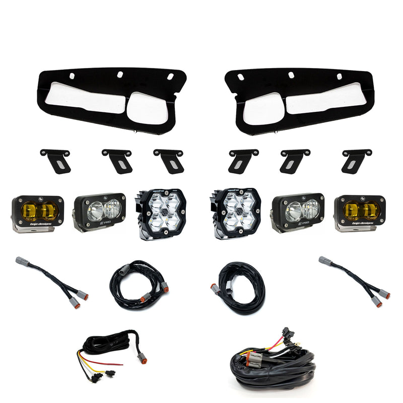 Baja Designs Squadron 2.0 Pro/S2 Pro/S2 SAE Pro Fog Pocket Light Kit, complete kit on a studio background: fog pocket light kit laid out on white: two black bezels, mounting brackets, two Squadron pods, four S2 pods and wiring harnesses. The outer